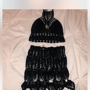 Fashionova Black Crochet Two-Piece Set - Halter Crop Top & Skirt cover up